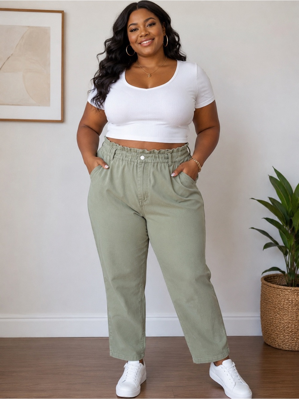 Women’s Sage Green High-Waisted Paperbag Pants Size 2XL Cotton Blend BNWOT